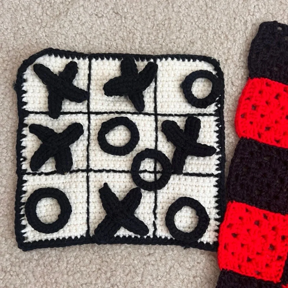 Vintage Handmade Crochet‎ Checkers and Tic Tac Toe Game Set - 2 in 1  Fun
